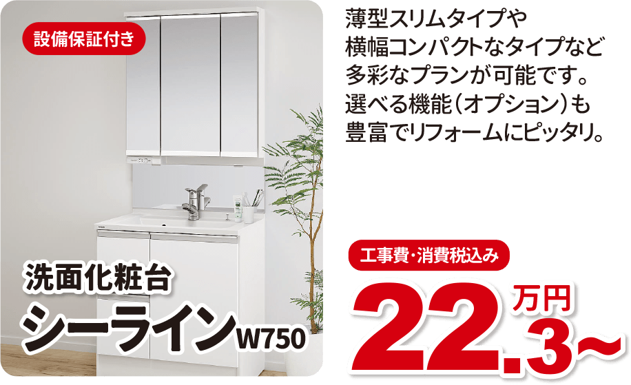 洗面化粧台 シーラインW750 工事費・消費税込み 22.3万円～