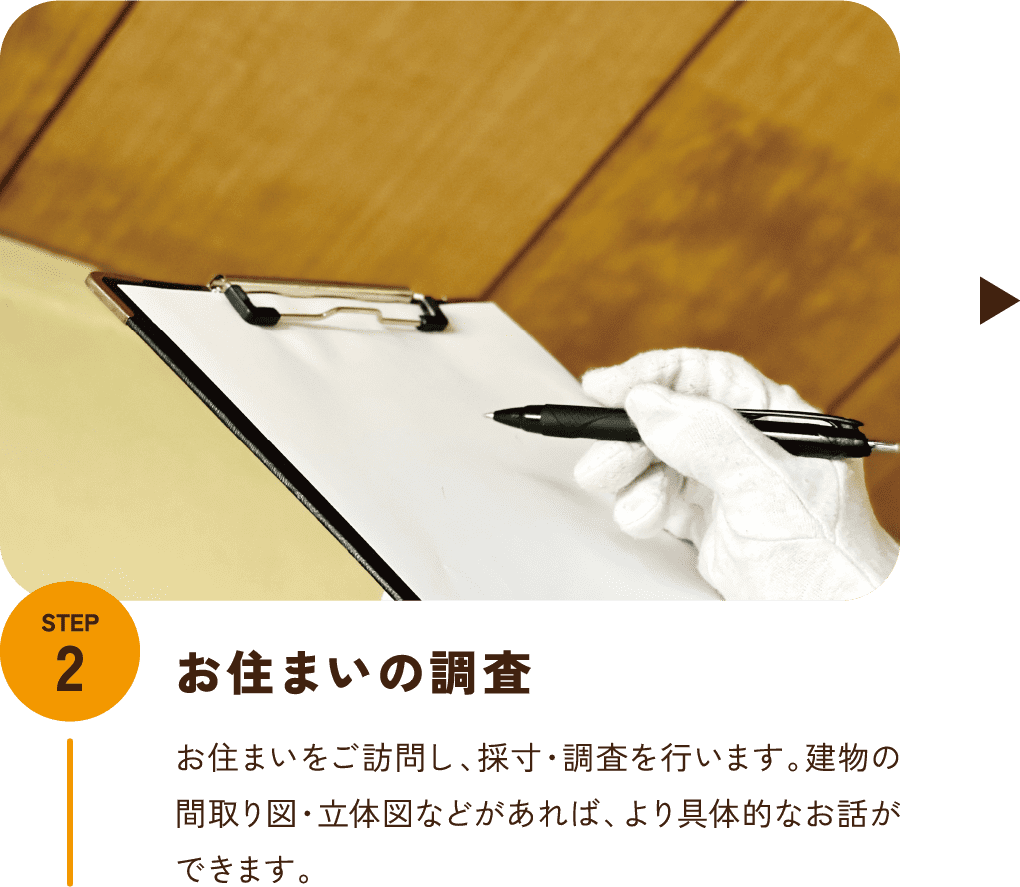 STEP2 お住まいの調査 お住まいをご訪問し、採寸・調査を行います。建物の間取り図・立体図などがあれば、より具体的なお話ができます。