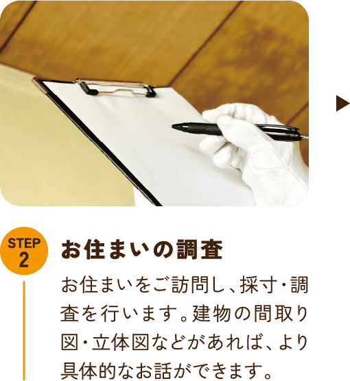 STEP2 お住まいの調査 お住まいをご訪問し、採寸・調査を行います。建物の間取り図・立体図などがあれば、より具体的なお話ができます。