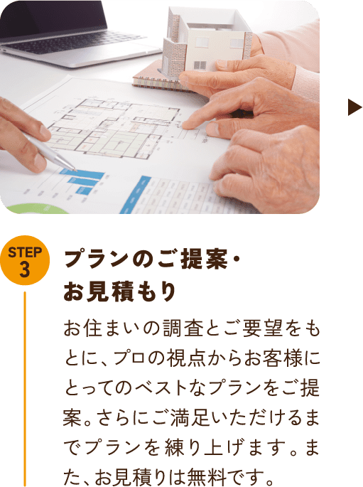 STEP3 プランのご提案・お見積もり お住まいの調査とご要望をもとに、プロの視点からお客様にとってのベストなプランをご提案。さらにご満足いただけるまでプランを練り上げます。また、お見積りは無料です。