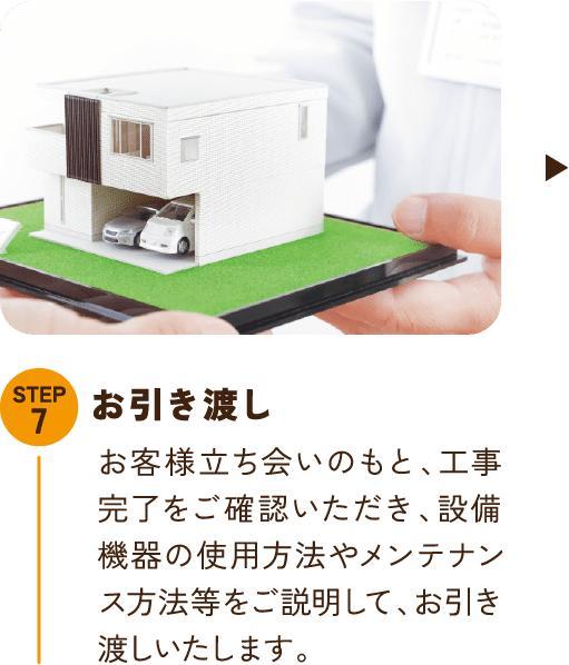 STEP7 お引き渡し お客様立ち会いのもと、工事完了をご確認いただき、設備機器の使用方法やメンテナンス方法等をご説明して、お引き渡しいたします。