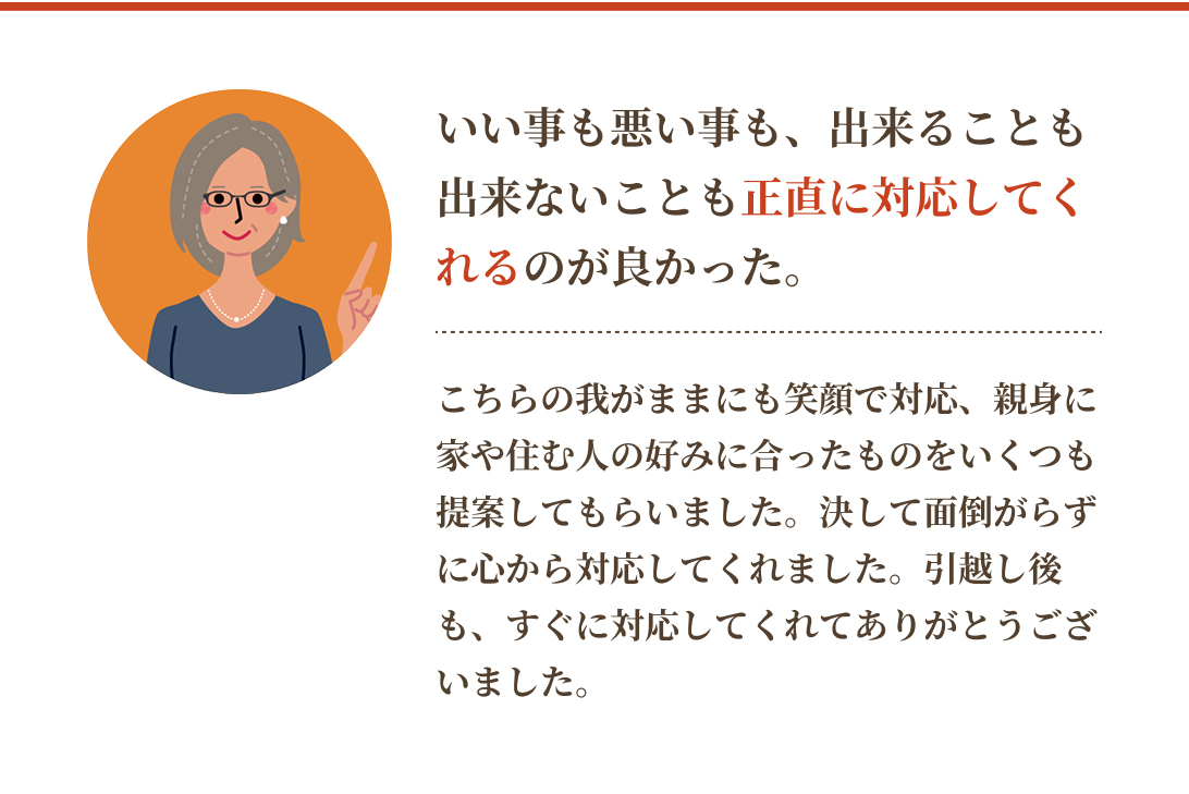 いい事も悪い事も、出来ることも出来ないことも正直に対応してくれるのが良かった。
