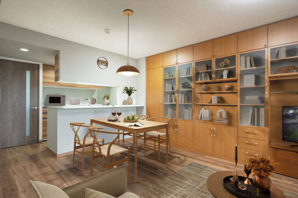 壁と床にこだわりを。アクセントクロスが映えるお住まいへの画像